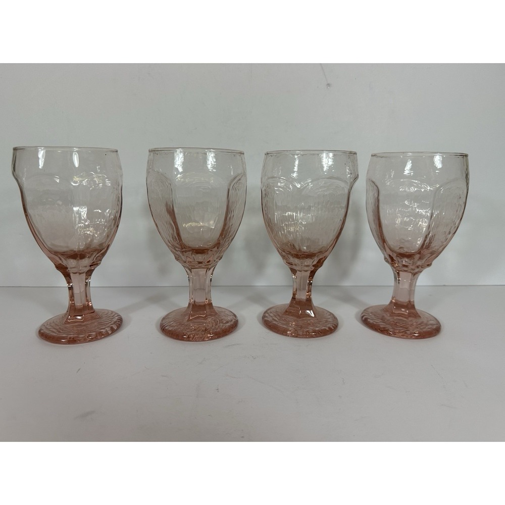 Libbey Pink Chivalry Water Goblets Vtg 80s Set Of 4 Textured Faceted 6.5"h